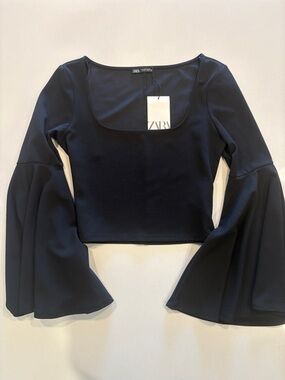 ZARA Black Square-Neck Bell-Sleeve Crop Top